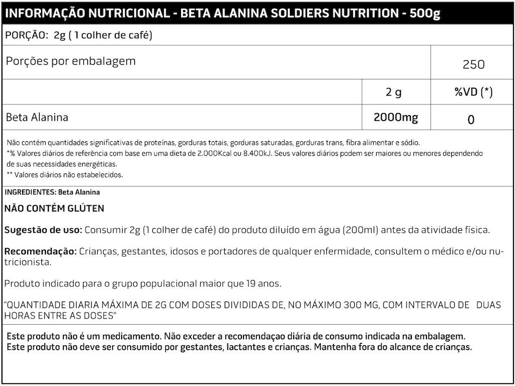 Imagem 2 do produto Beta Alanina 500g - 100% Pura Importada - Soldiers Nutrition