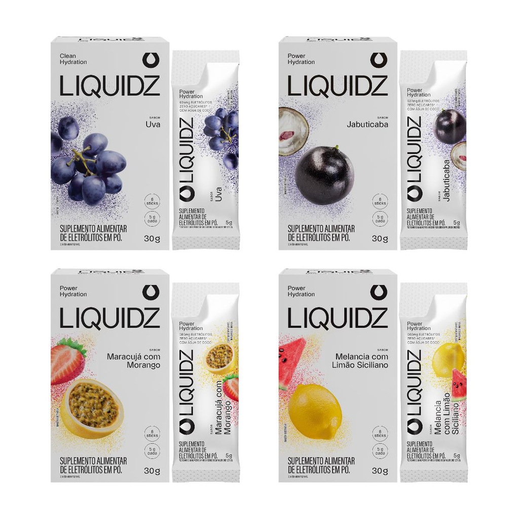 Eletrólitos Zero Açúcares LIQUIDZ - 4 Sabores - Kit 4 Caixas - 6 Sachês