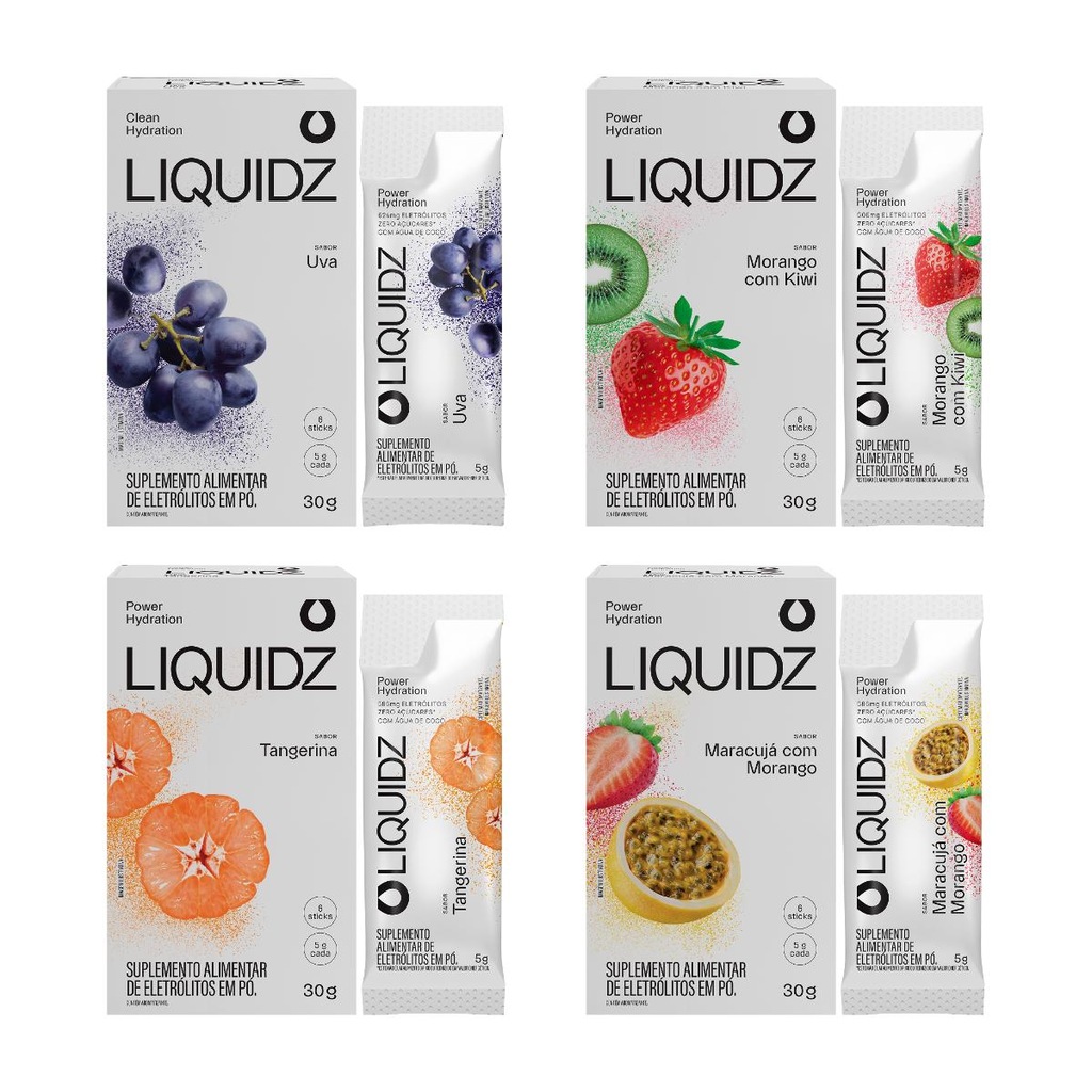 Eletrólitos Zero Açúcares LIQUIDZ - 4 Sabores - Kit 4 Caixas com 6 Sachês