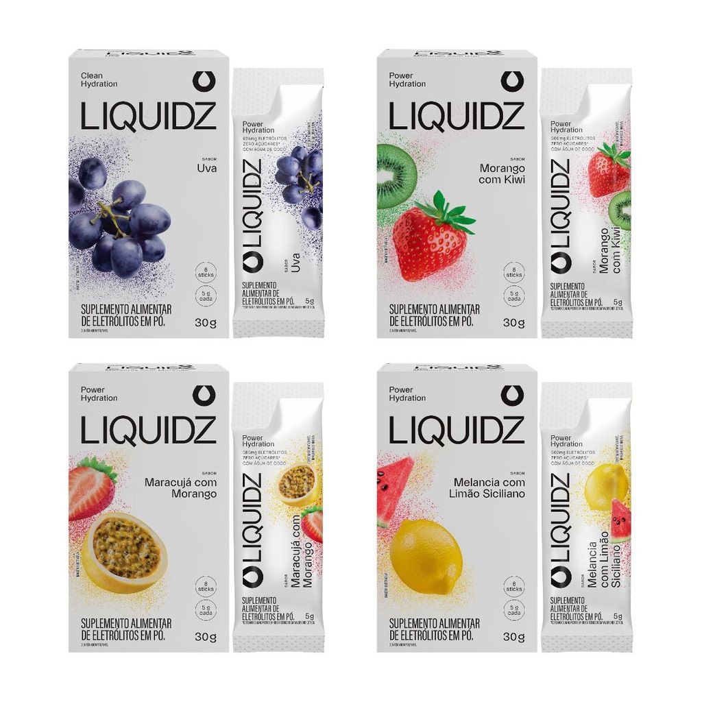 Eletrólitos Zero Açúcares LIQUIDZ - 4 Sabores - Kit 4 Caixas com 6 Sachês