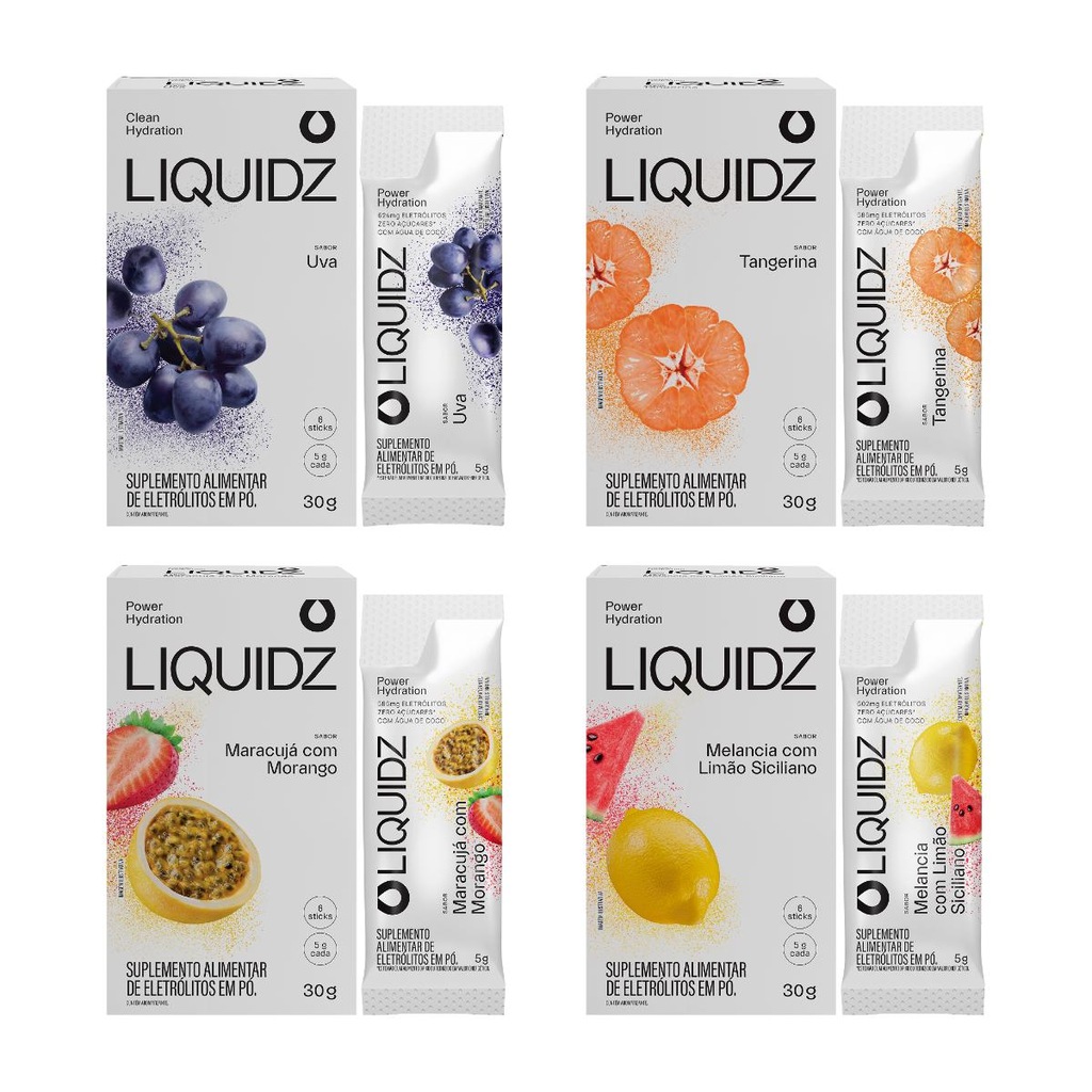 Eletrólitos Zero Açúcares LIQUIDZ - 4 Sabores - Kit 4 Caixas com 6 Sachês