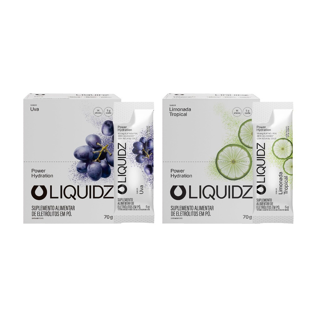 Imagem 1 do produto Eletrólitos Zero Açúcares LIQUIDZ - Uva | Limonada Tropical - Kit 2 Caixas c/14 Sachês