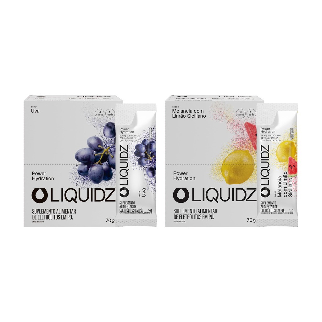 Imagem 1 do produto Eletrólitos Zero Açúcares LIQUIDZ - 2 Sabores - Kit 2 Caixas c/14 Sachês