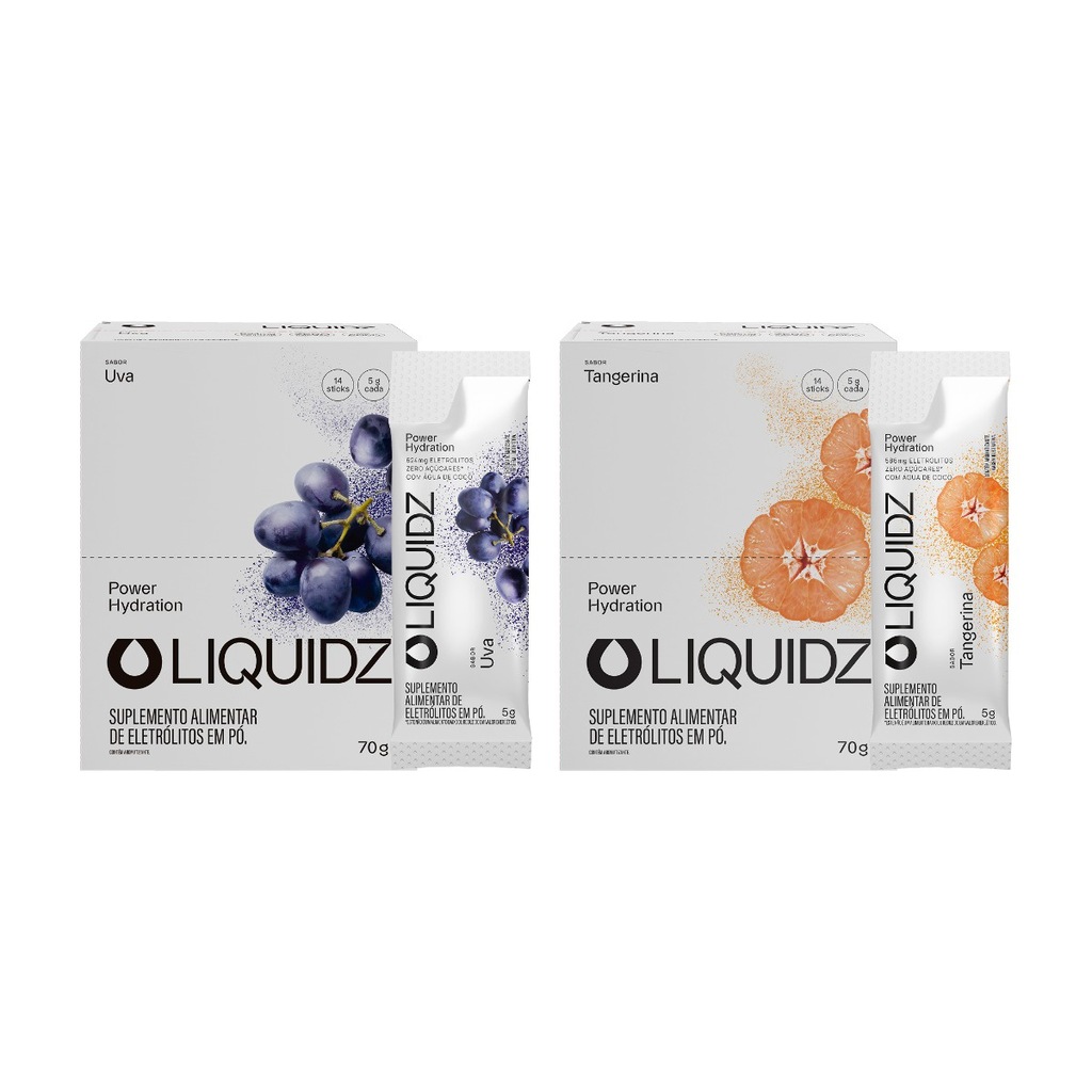 Imagem 1 do produto Eletrólitos Zero Açúcares LIQUIDZ - Uva | Tangerina - Kit 2 Caixas c/14 Sachês