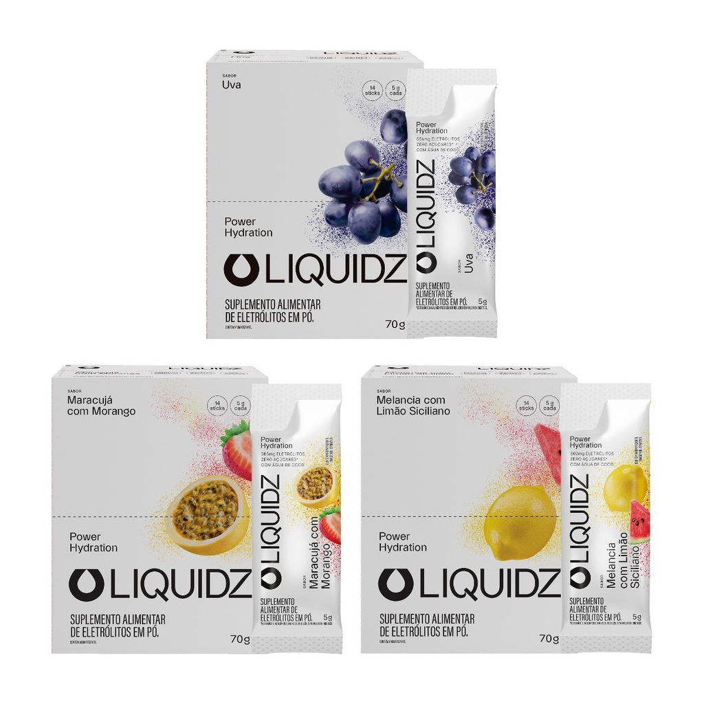 Imagem 1 do produto Eletrólitos Zero Açúcares LIQUIDZ - 3 Sabores - Kit 3 Caixas c/14 Sachês