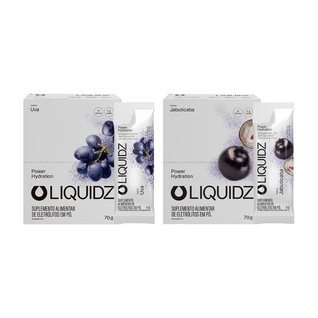 Imagem 1 do produto Eletrólitos Zero Açúcares LIQUIDZ - Uva | Jabuticaba - Kit 2 Caixas c/14 Sachês