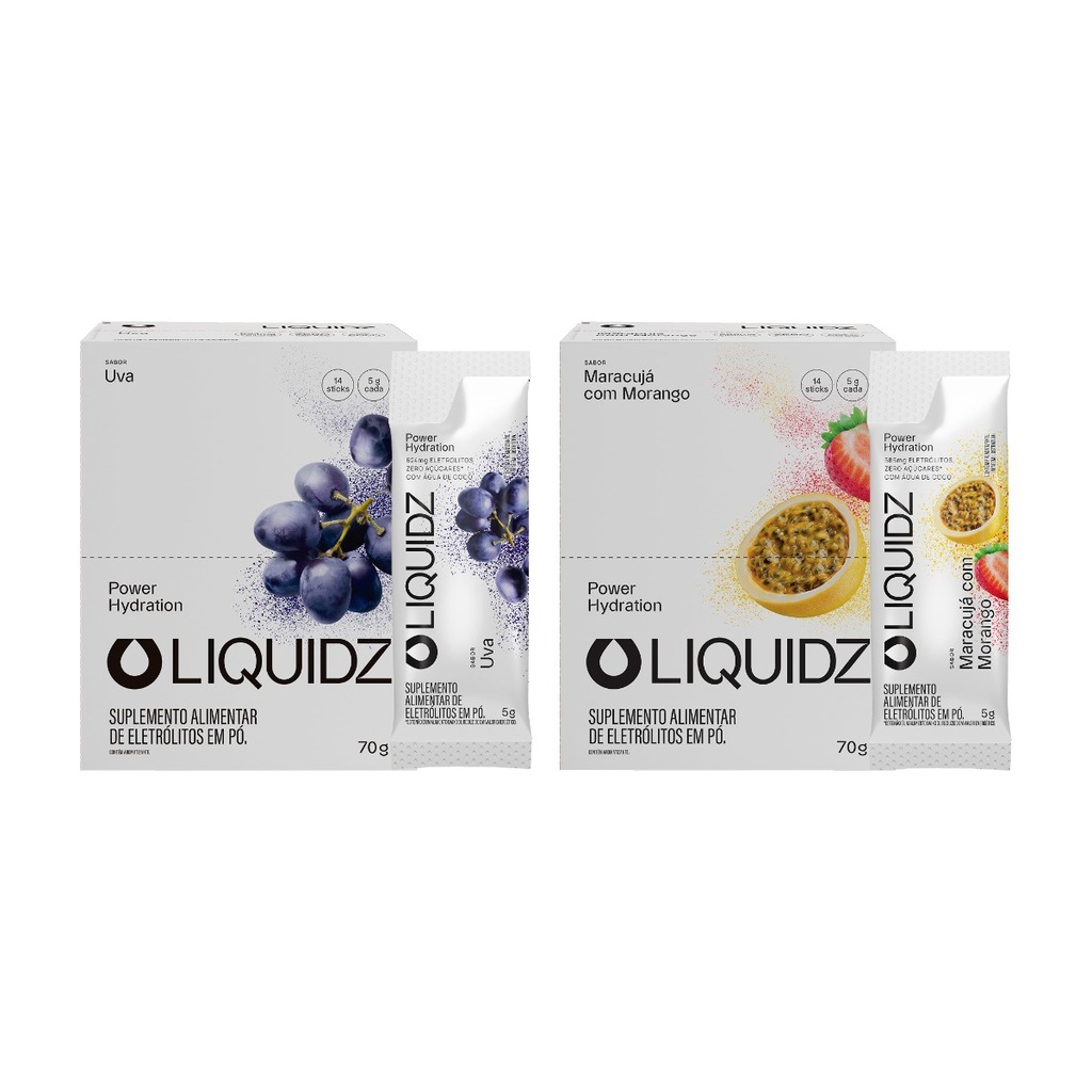 Imagem 1 do produto Eletrólitos Zero Açúcares LIQUIDZ - Uva | Maracujá com Morango - Kit 2 Caixas c/14 Sachês