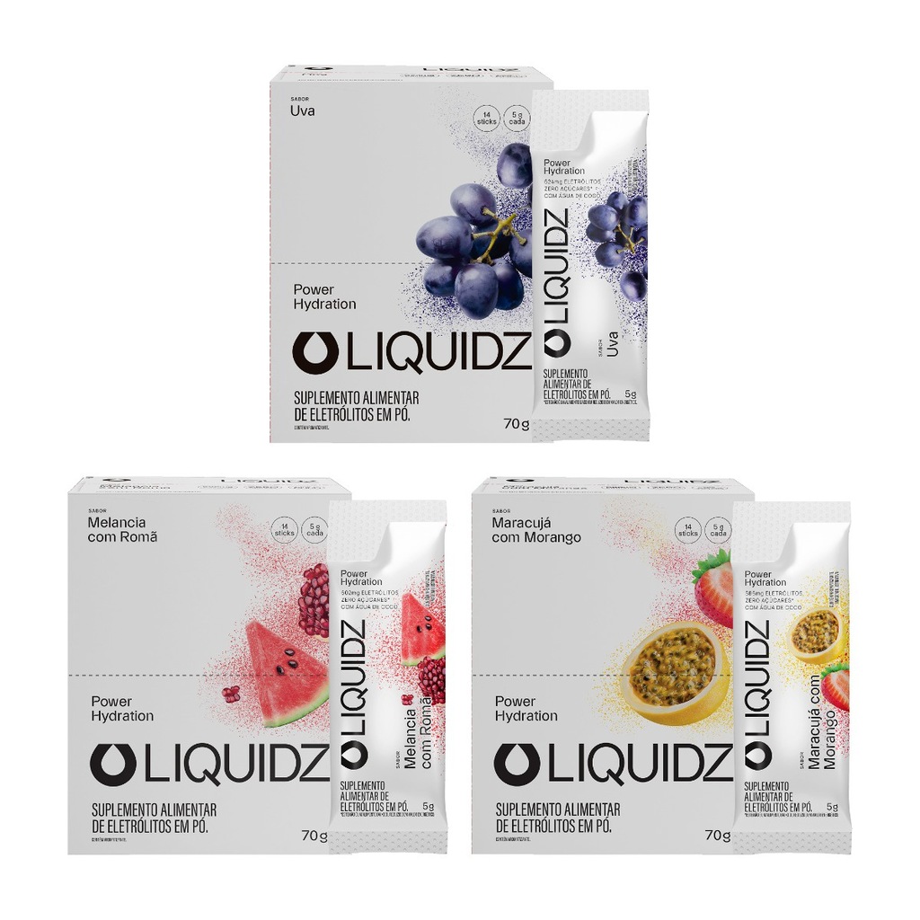 Imagem 1 do produto Eletrólitos Zero Açúcares LIQUIDZ - 3 Sabores - Kit 3 Caixas c/14 Sachês