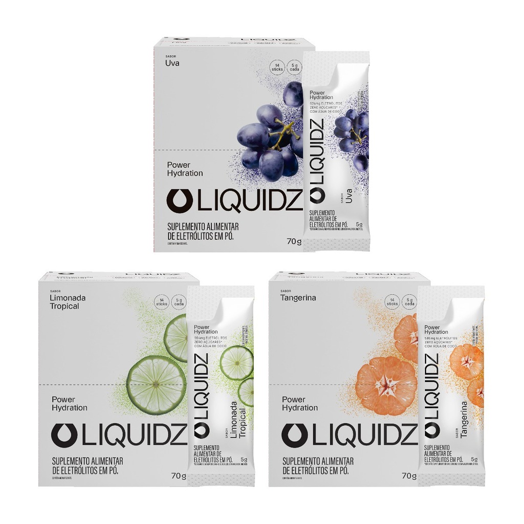 Imagem 1 do produto Eletrólitos Zero Açúcares LIQUIDZ - 3 Sabores - Kit 3 Caixas c/14 Sachês