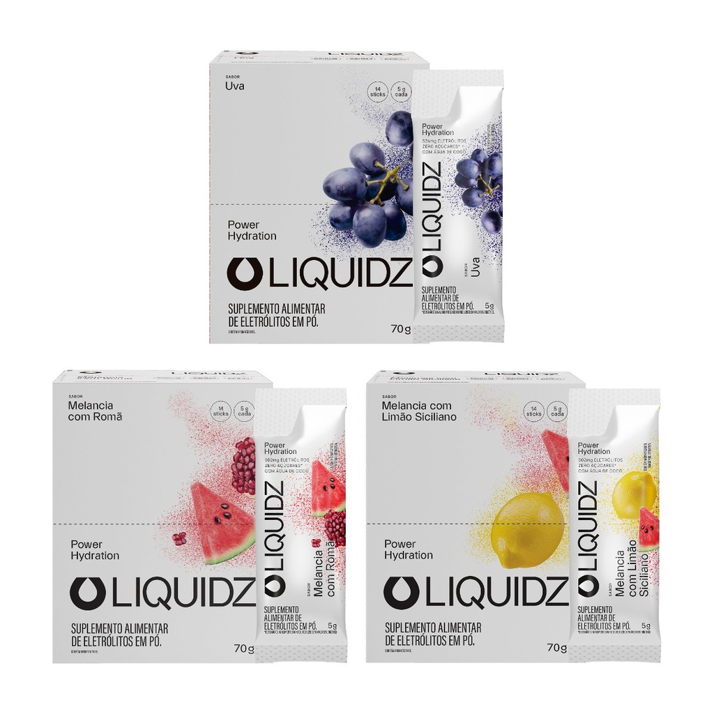 Imagem 1 do produto Eletrólitos Zero Açúcares LIQUIDZ - 3 Sabores - Kit 3 Caixas c/14 Sachês