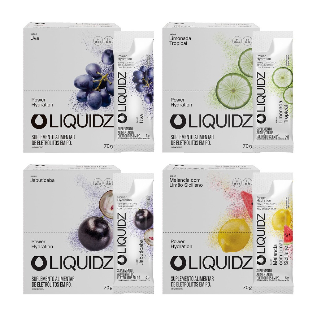 Imagem 1 do produto Eletrólitos Zero Açúcares LIQUIDZ - 4 Sabores - Kit 4 Caixas c/14 Sachês