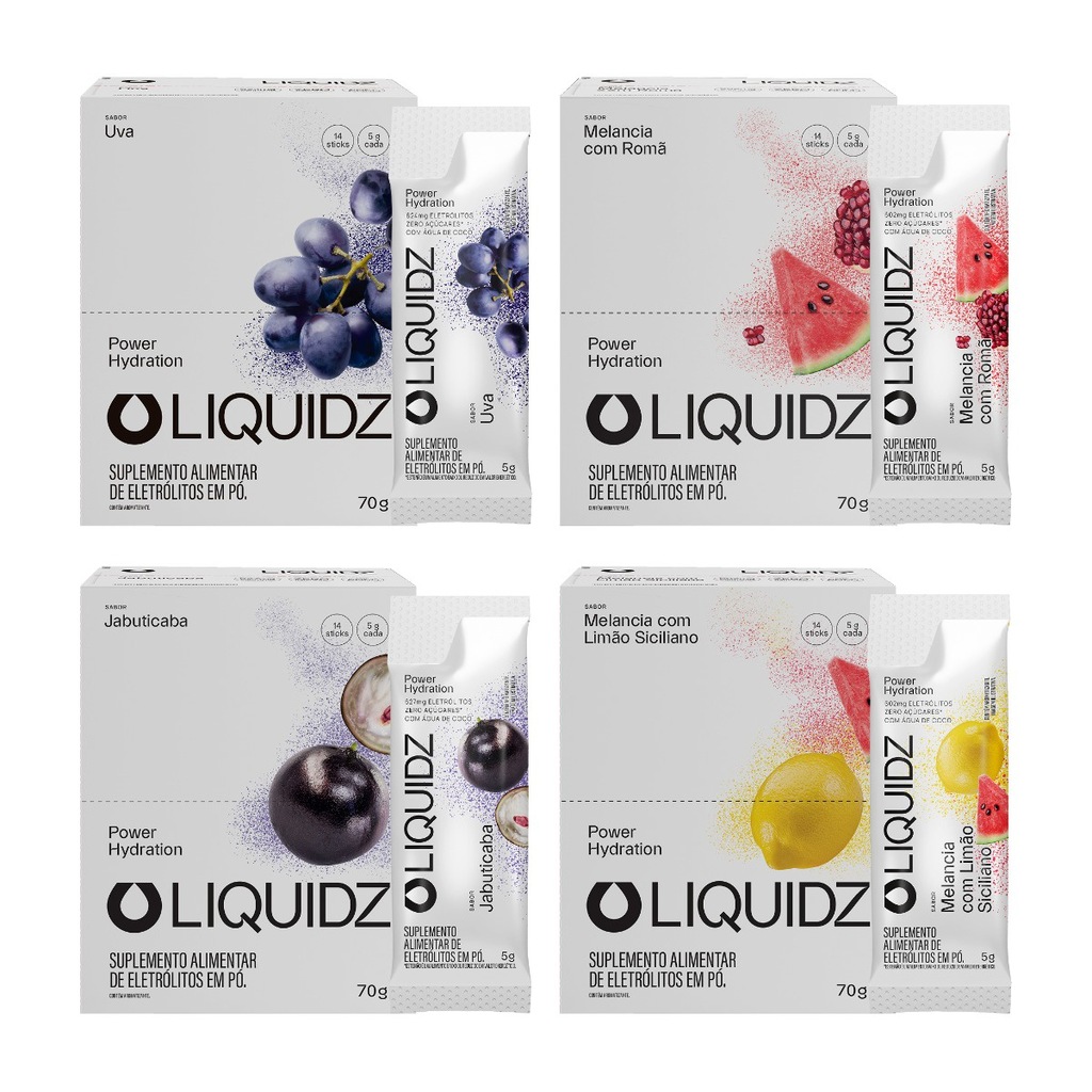 Imagem 1 do produto Eletrólitos Zero Açúcares LIQUIDZ - 4 Sabores - Kit 4 Caixas c/14 Sachês