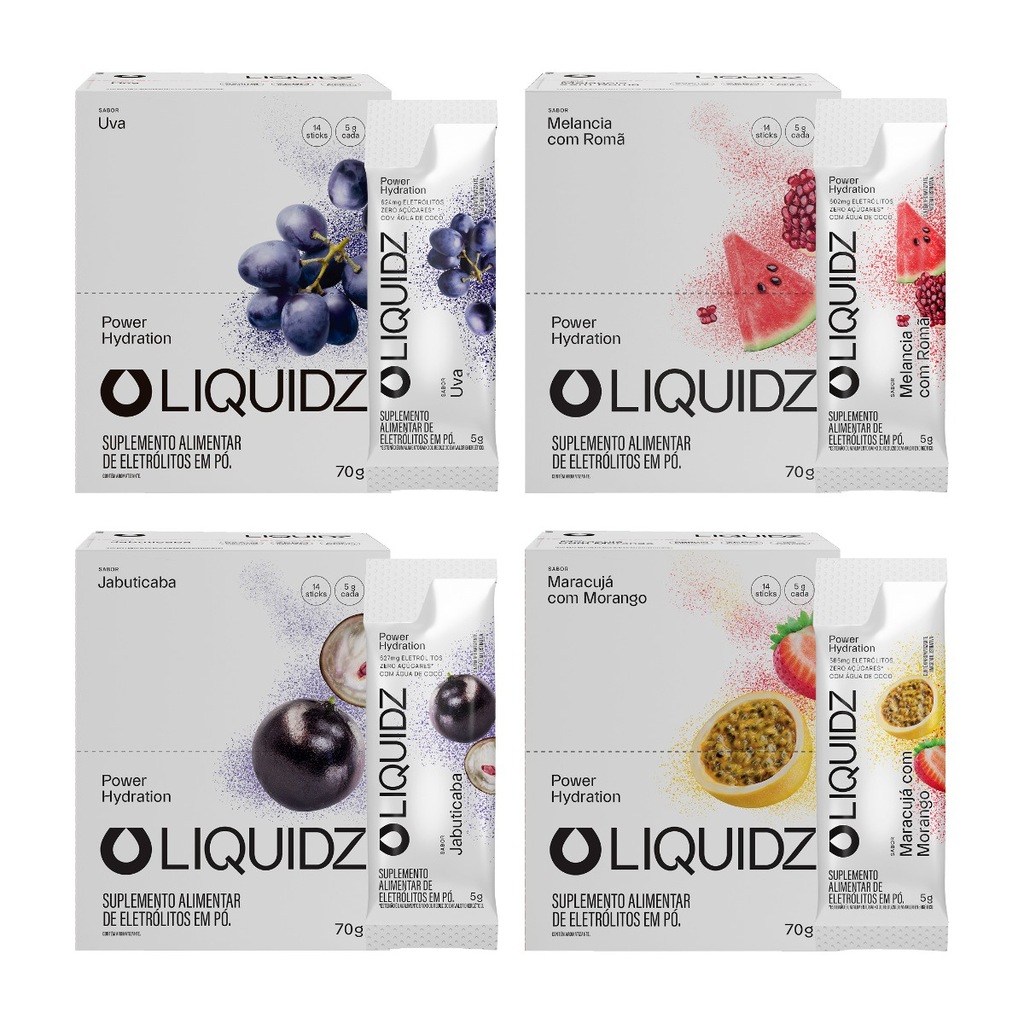 Imagem 1 do produto Eletrólitos Zero Açúcares LIQUIDZ - 4 Sabores - Kit 4 Caixas c/14 Sachês