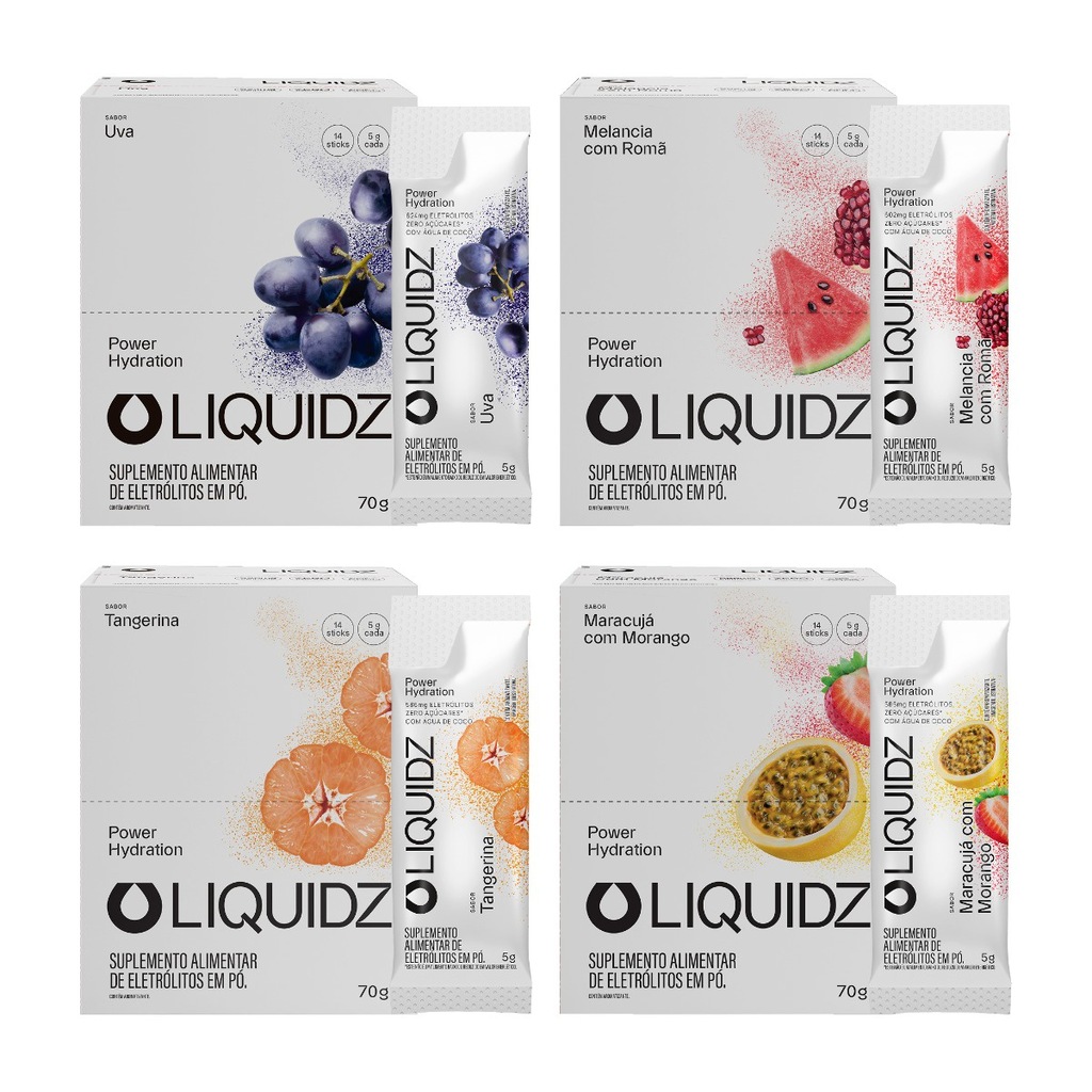 Imagem 1 do produto Eletrólitos Zero Açúcares LIQUIDZ - 4 Sabores - Kit 4 Caixas c/14 Sachês