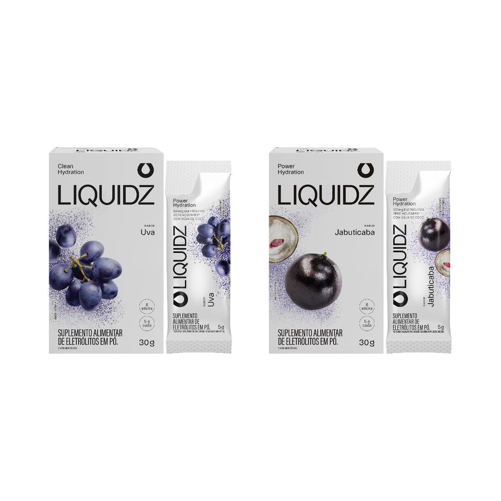 Imagem 1 do produto Eletrólitos Zero Açúcares LIQUIDZ - Uva | Jabuticaba - Kit 2 Caixas c/6 Sachês