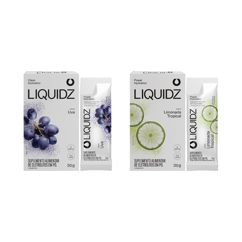 Imagem 1 do produto Eletrólitos Zero Açúcares LIQUIDZ - Uva | Limonada Tropical - Kit 2 Caixas c/6 Sachês