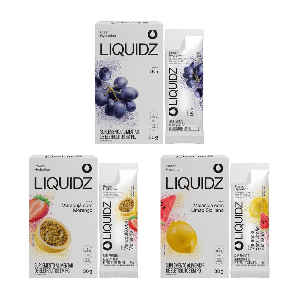 Imagem 1 do produto Eletrólitos Zero Açúcares LIQUIDZ - 3 Sabores - Kit 3 Caixas c/6 Sachês
