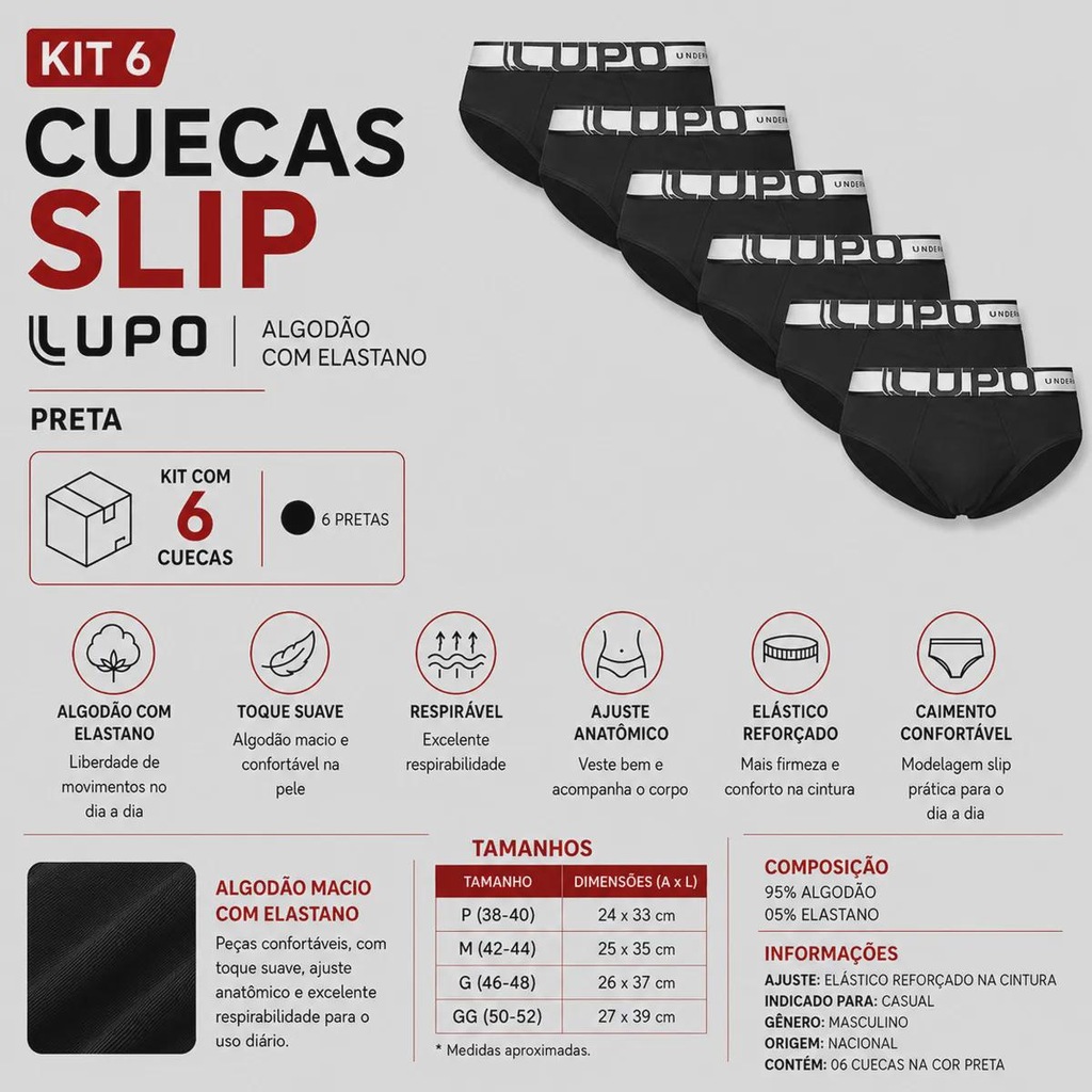 Imagem 2 do produto Kit 6 Cuecas Lupo Slip com Elastano Adulto