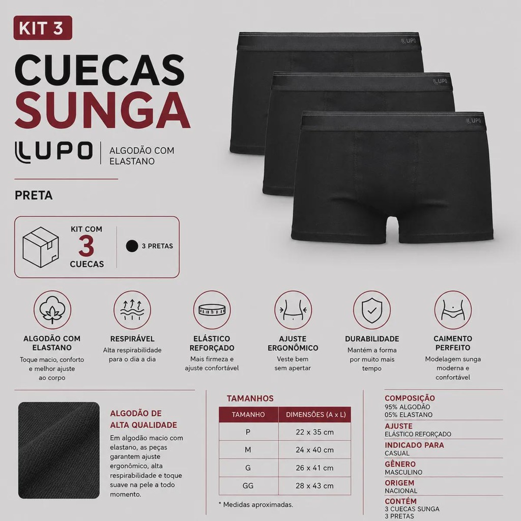 Imagem 2 do produto Kit 3 Cueca Sunga Lupo Algodão com Elastano - 3 Unidades