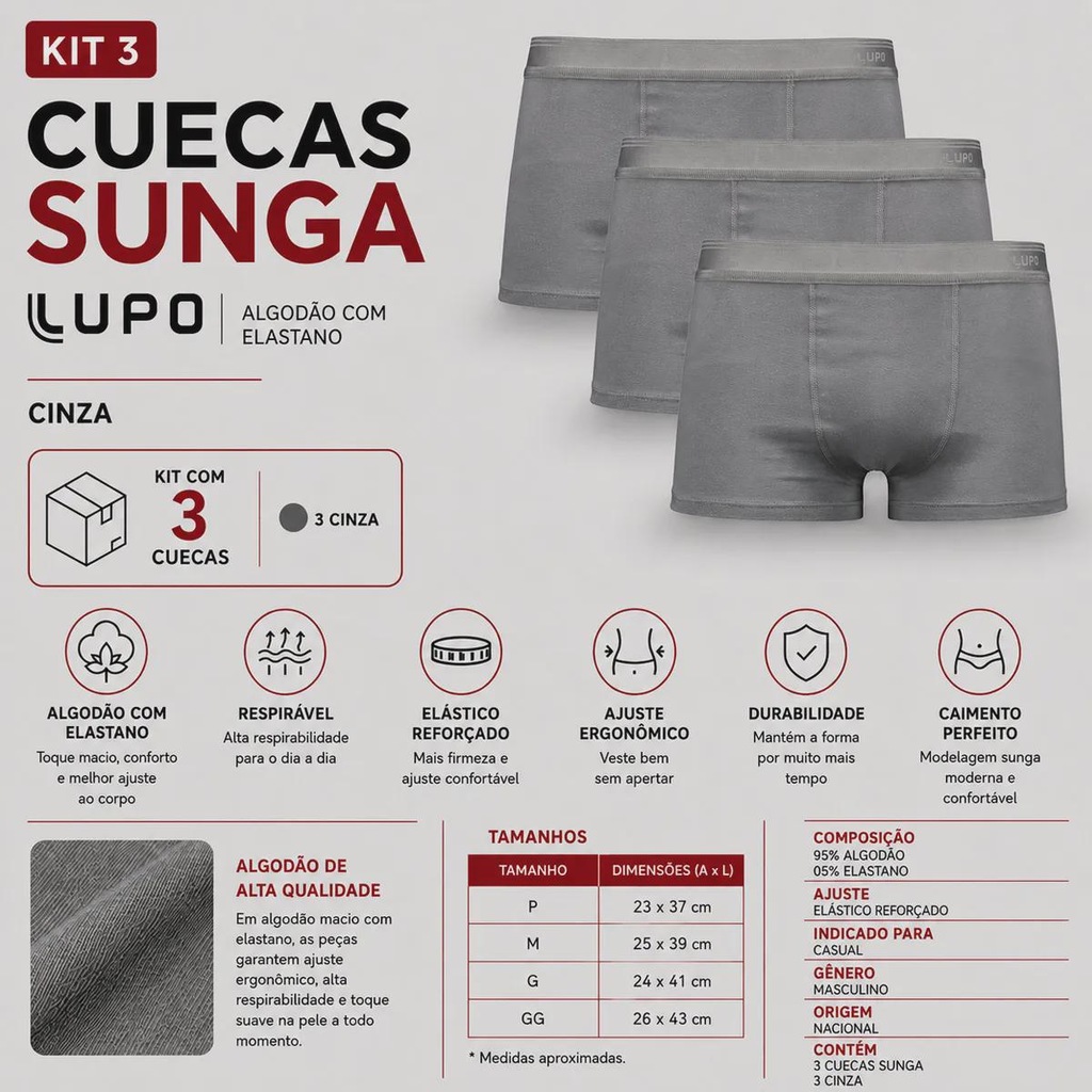 Imagem 2 do produto Kit Cueca Sunga Lupo Algodão com Elastano - 3 Unidades
