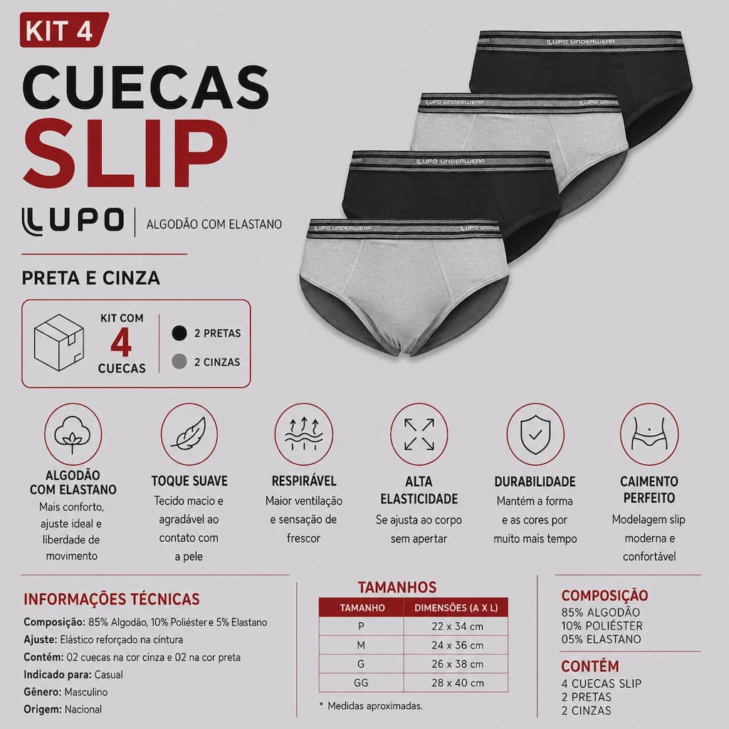 Imagem 2 do produto Kit Cueca Slip Lupo Algodão Com Elastano - 4 Unidades