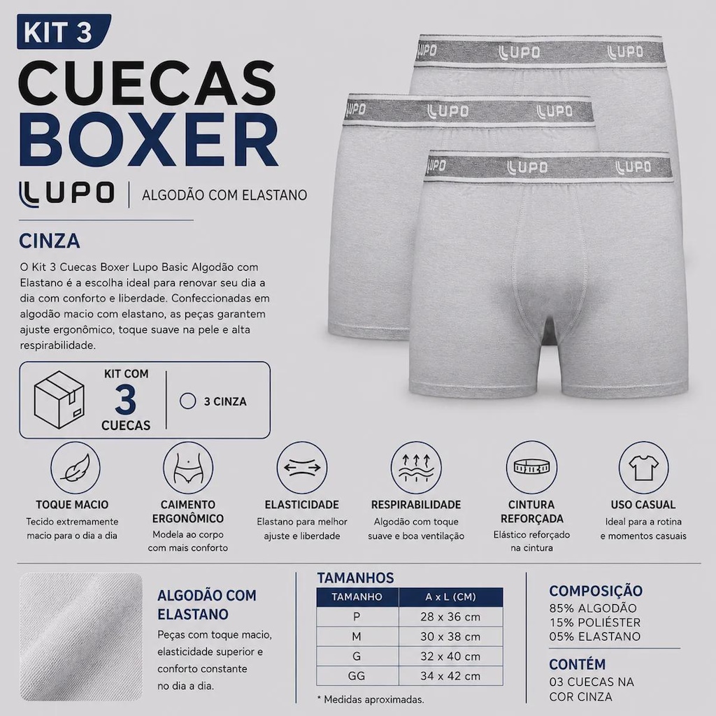 Imagem 2 do produto Kit Cueca Boxer Lupo Basic Algodão com Elastano - 3 Unidades