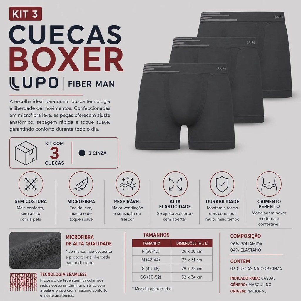 Imagem 2 do produto Kit Cueca Boxer Lupo Fiber Man - 3 Unidades