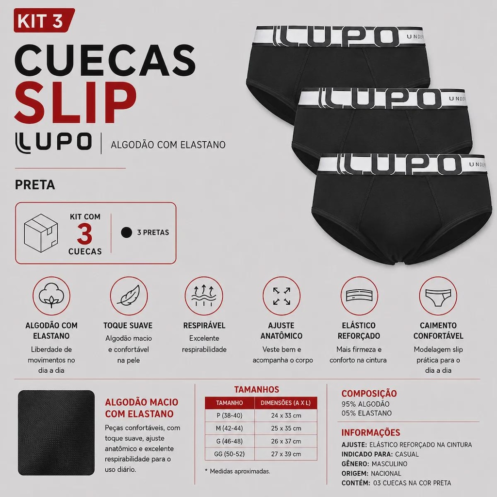 Imagem 2 do produto Kit Cueca Slip Lupo Algodão com Elastano - 3 Unidades