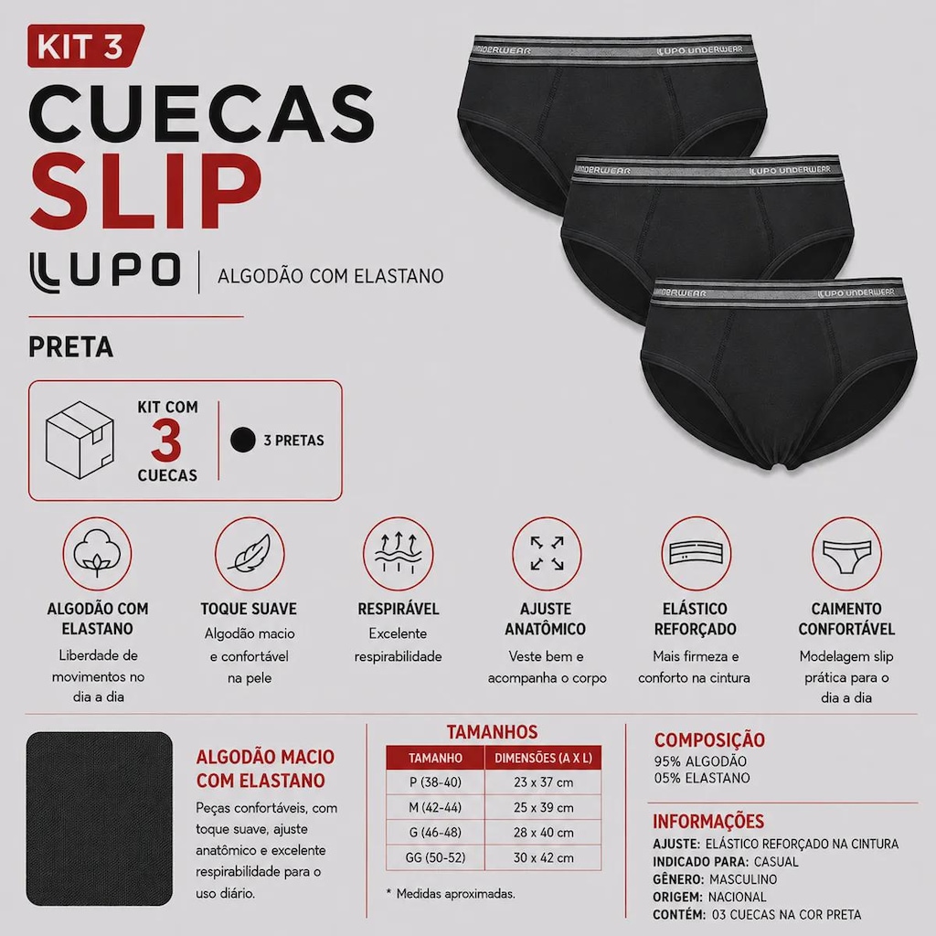 Imagem 2 do produto Kit Cueca Lupo Slip Algodão com Elastano - 3 Unidades
