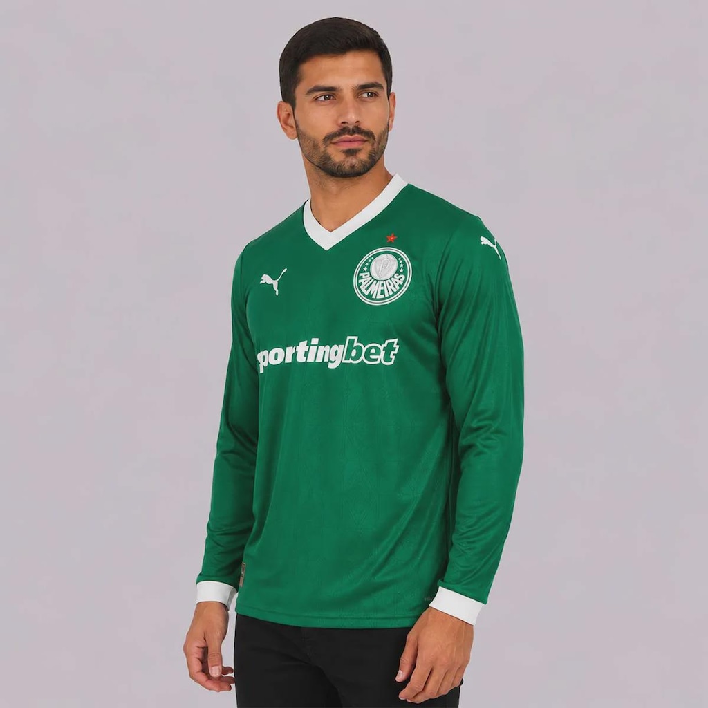 Imagem 4 do produto Camisa do Palmeiras I 25/26 Manga Longa com Patrocínio 9 Vitor Roque Puma Masculina
