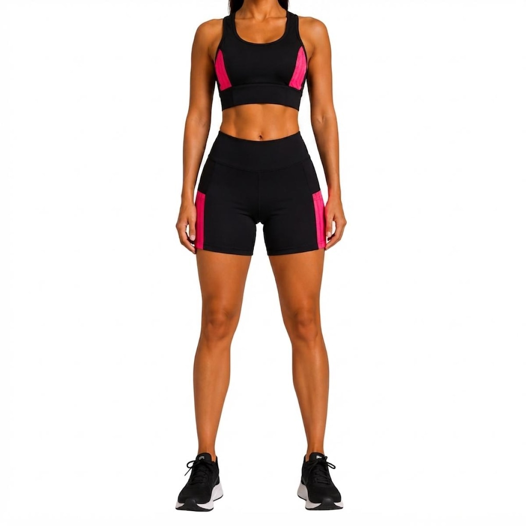 Imagem 1 do produto Kit Fitness Feminino NFOX Short com Bolso Lateral e Cropped Academia, Corrida, Ciclismo e Yoga
