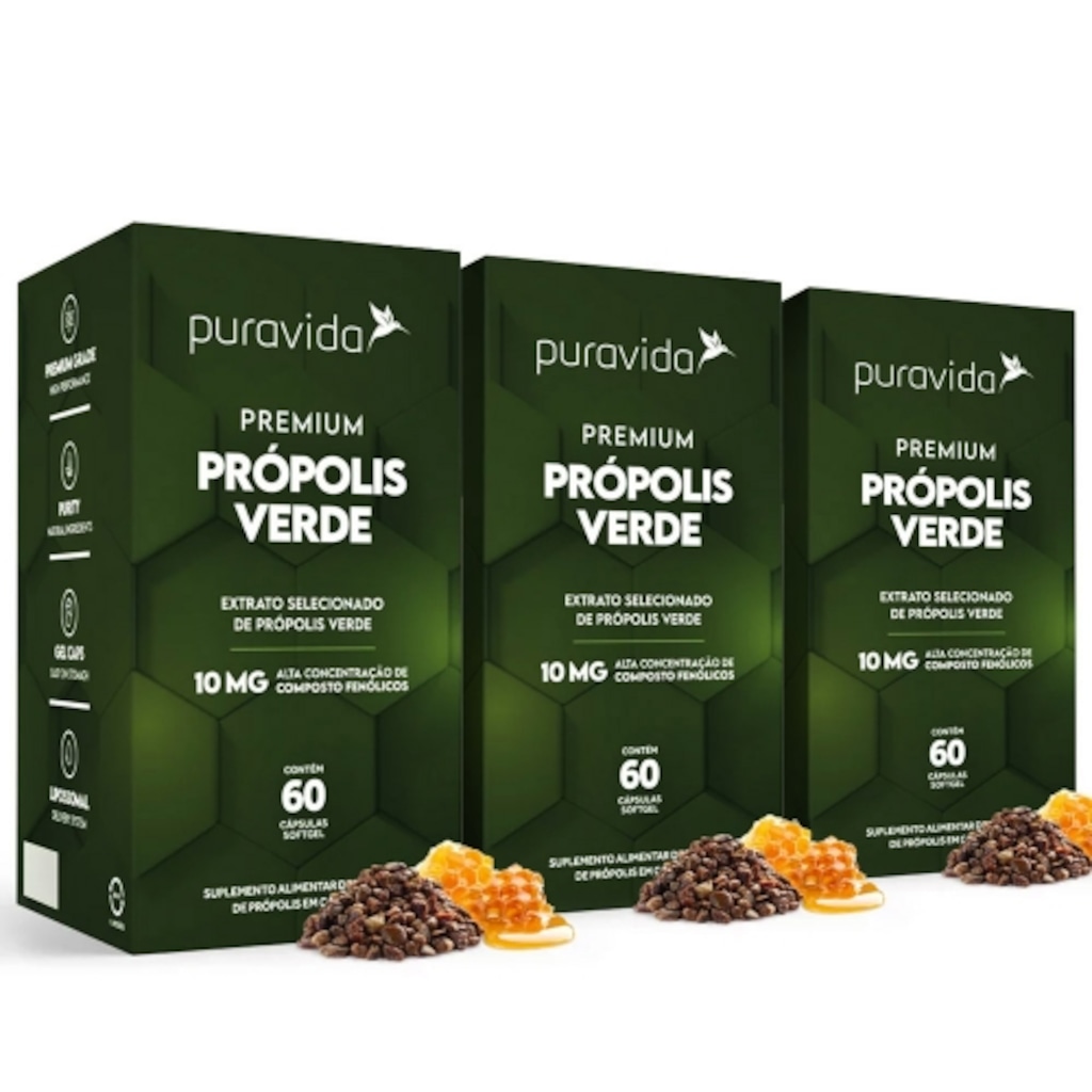 Imagem 1 do produto Kit 3un Própolis Verde (60 Cápsulas Softgel) - Pura Vida