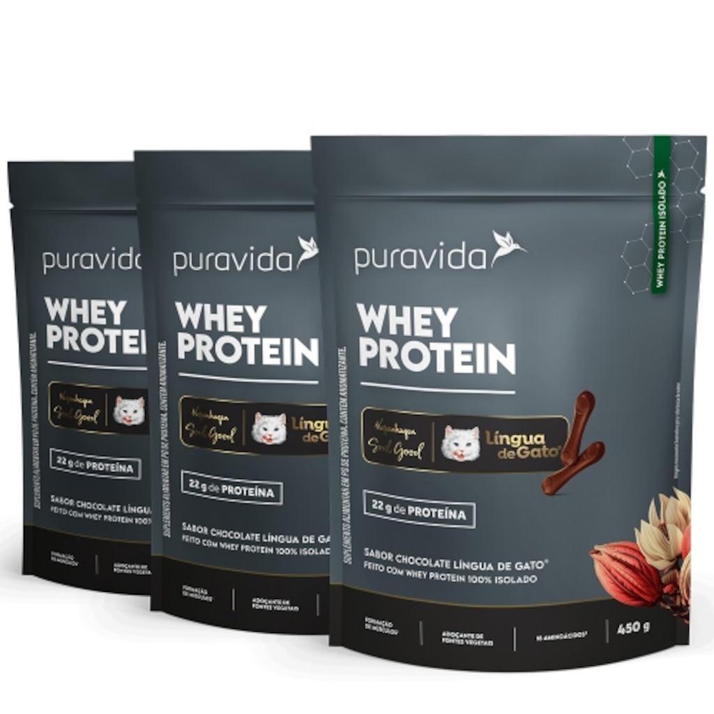 Imagem 1 do produto Kit 3un Whey Protein Isolado Sabor Língua de Gato® (450g) - Pura vida