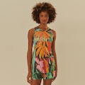 Camiseta Regata Feminina Farm Dry Fit Folhagem de Banana Verde/Laranja
