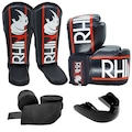 Kit de Muay Thai Rhino com Luvas + Caneleira + Bandagem + Bucal PRETO