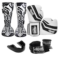 Kit de Spank CONFY Muay Thai com Luvas + Caneleira + Bandagem + Bucal BRANCO/PRETO