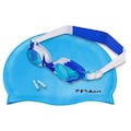 Kit de Natação Poker: Kit Oculos + Touca + Protetor de Ouvido - Infantil AZUL/BRANCO