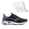 Tênis Mizuno Wave Mirai 7 Masculino + 3 Pares de Meias PRETO/AZUL ESC