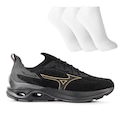 Tênis Mizuno Wave Mirai 7 Masculino + 3 Pares de Meias PRETO/OURO