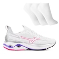 Tênis Mizuno Wave Mirai 7 Feminino + 3 Pares de Meias BRANCO/ROSA