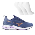 Tênis Mizuno Wave Mirai 7 Feminino + 3 Pares de Meias AZUL/ROSA CLA