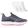 Tênis Mizuno Cool Ride 3 + 3 Pares de Meias Cano Curto Feminino CINZA/ROSA