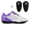 Kit Chuteira Society Infantil Umbro Adamant Top Speed Jr + Caneleira BRANCO/ROXO