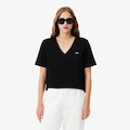 Camiseta de Algodão com Gola V e Caimento Relaxado Lacoste Feminina PRETO