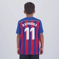 Camisa do Barcelona Listrada 11 Raphinha Infantil AZUL