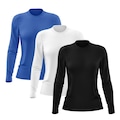 Kit 3 Camisetas Manga Longa Dry Lisa Treino Feminina PRETO/AZUL