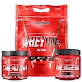 Opção de cor MORANGO de Kit Whey 100% 900g Pouch Morango + Creatina 100% Pura 300g + Huger 320g - Integralmedica