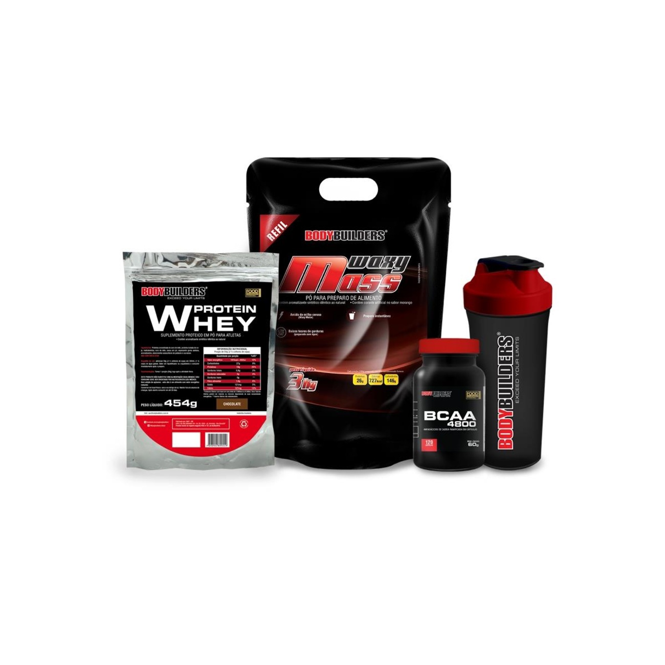 Kit Bodybuilders Sabor Chocolate com Waxy Mass 3kg + Whey 454g + BCAA ...