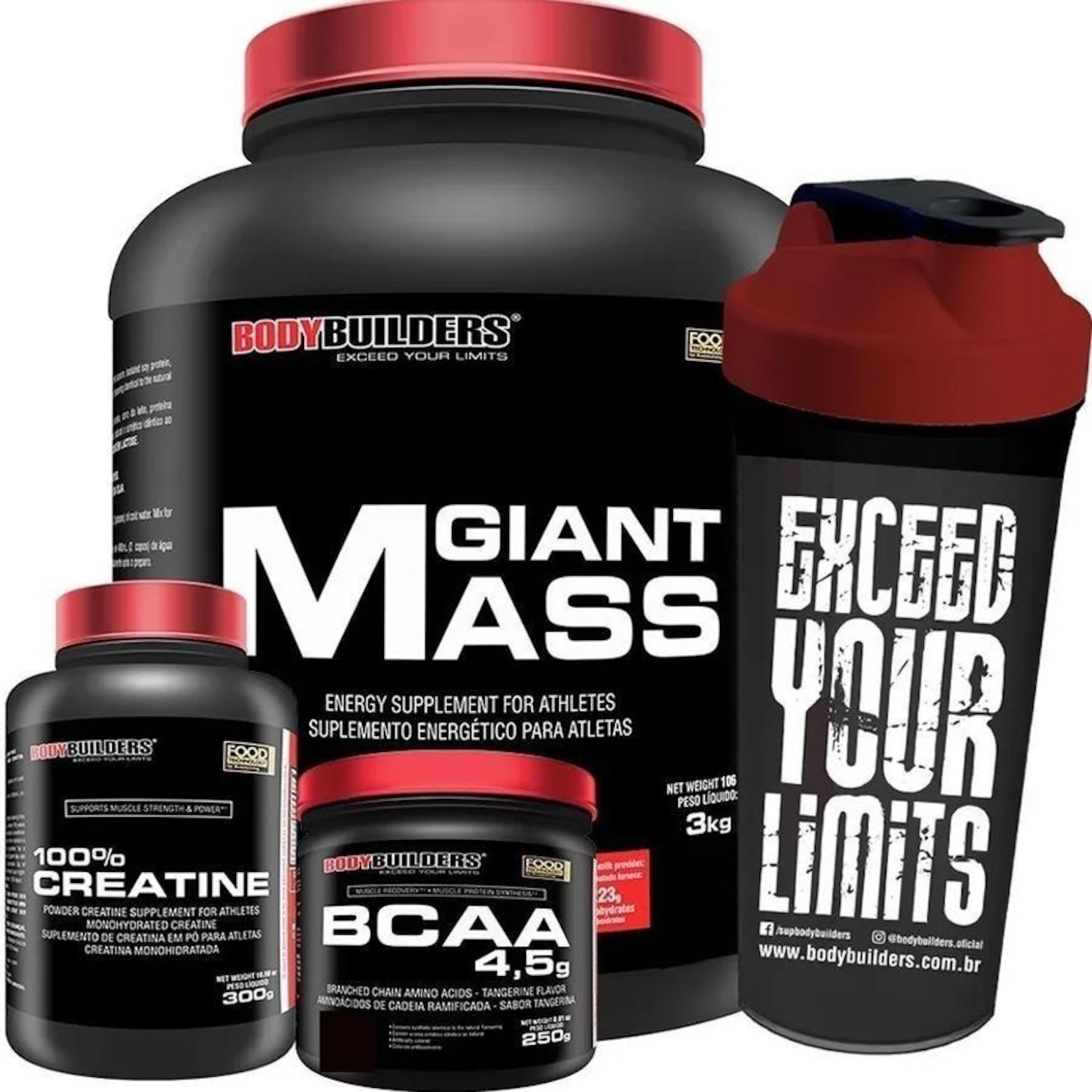 Kit Giant Mass Bodybuilders - Morango - 3kg + Creatina - 300g + BCAA 4. ...
