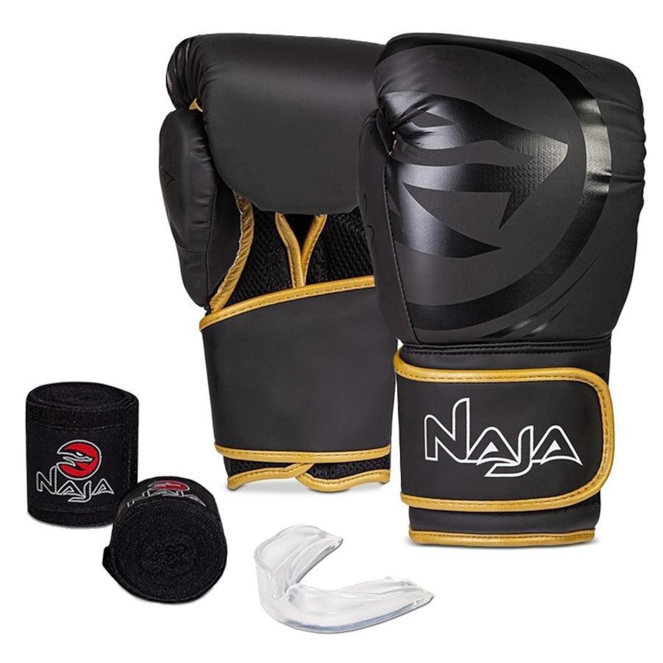 Kit Muay Thai Naja: Luvas Black Line + Bandagem + Bucal - Adulto